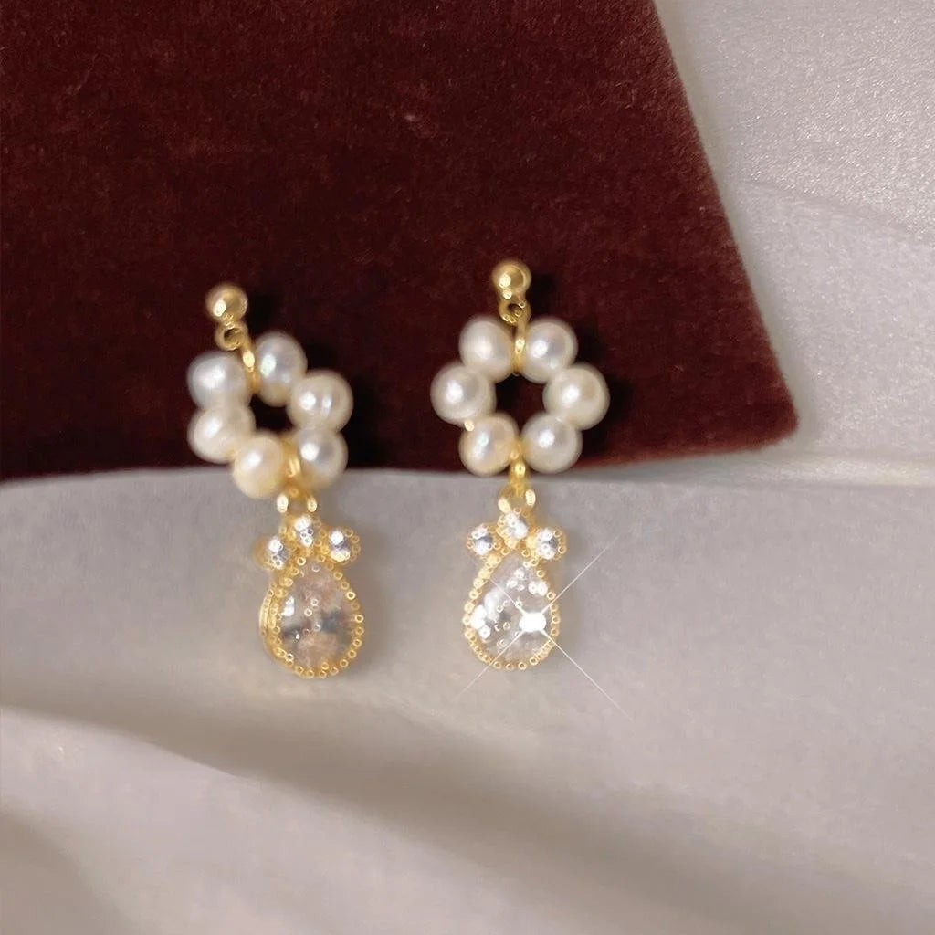 14K Gold Plated Freshwater Pearl Drop Earrings With Micro Pave Zircon Circle Geometric Design