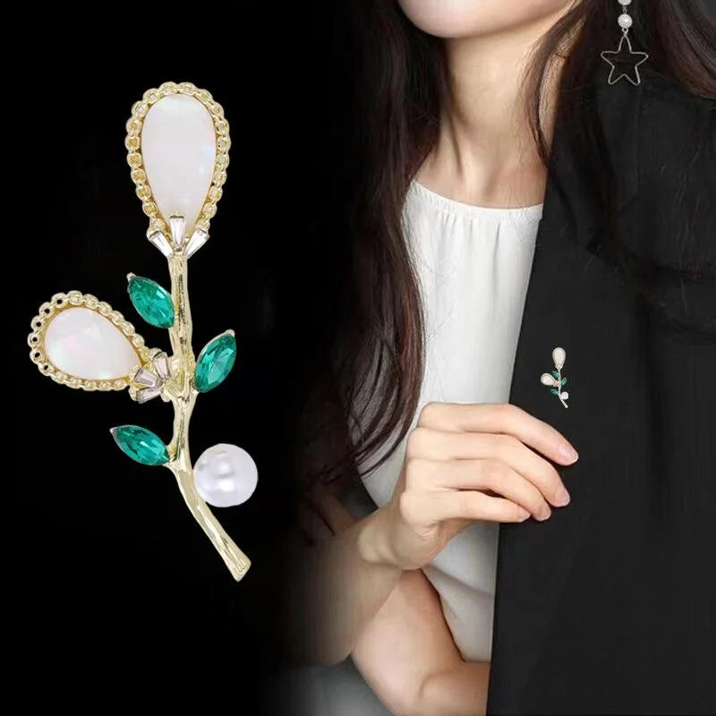 Elegant Mother Of Pearl Flower Bouquet Brooch With Green Rhinestone Leaves, Women's Lapel Pin Gift
