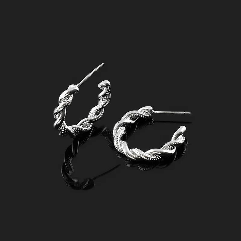 Vintage Silver Alloy Twisted Hoop Spiral Circle Stud & Clip On No Piercing Women's Fashion Earrings