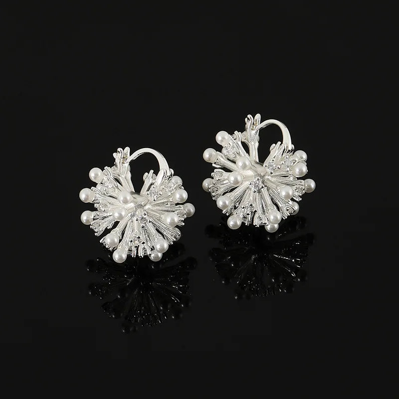 Elegant Silver Alloy Zircon Pearl Firework Stud & Clip On No Piercing Metal Ball Burst Earrings