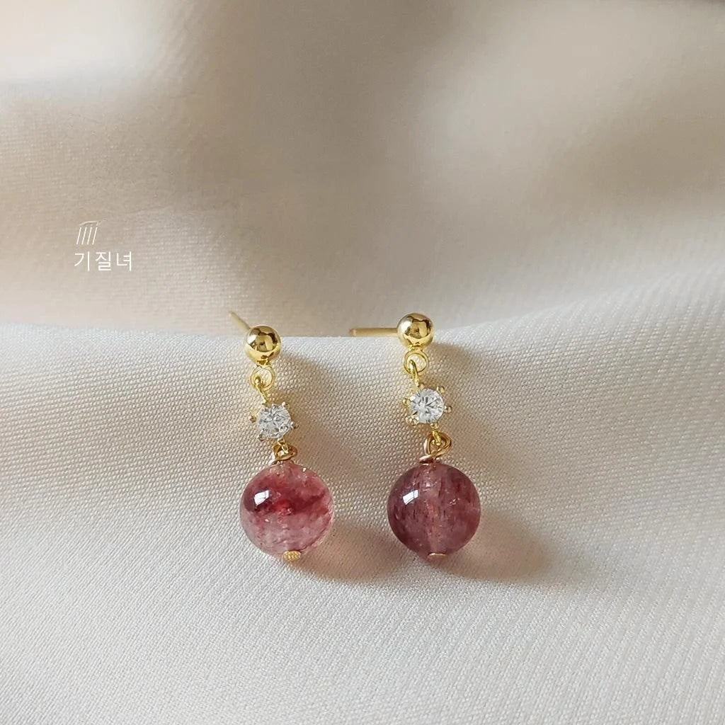 Mini Round Strawberry Quartz 14K Plated Handmade Stud Earrings