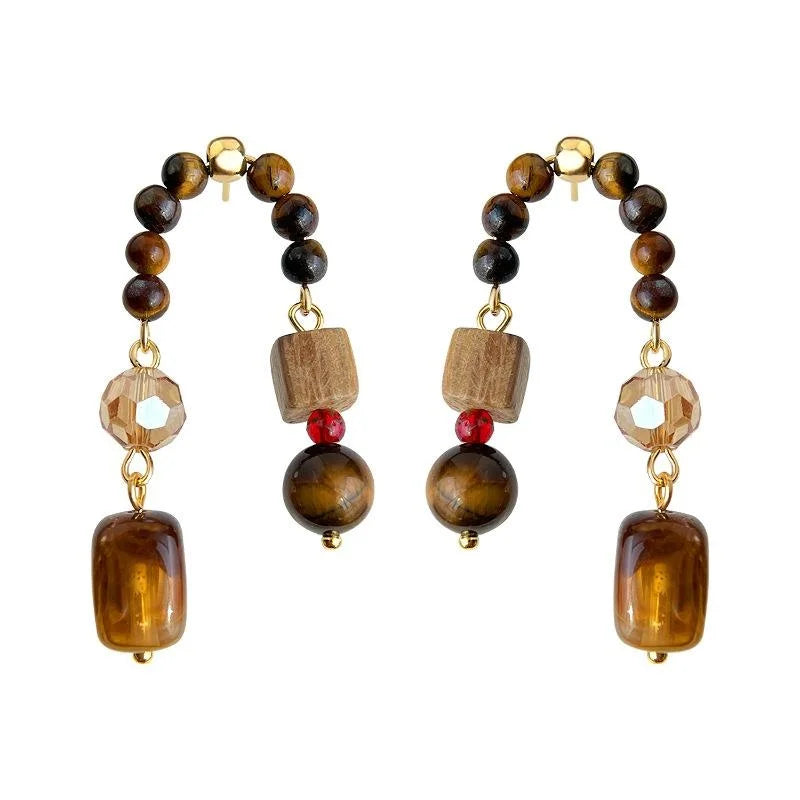 Maillard Style Handmade Copper Tiger Eye Rosewood Glass Crystal Geometric Drop Earrings