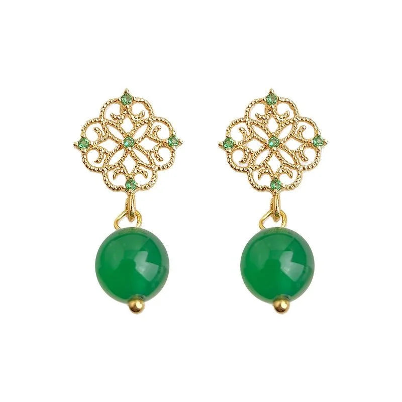 Vintage French 14K Gold Plated Copper Green Agate Zircon Micro Pave Stud Earrings