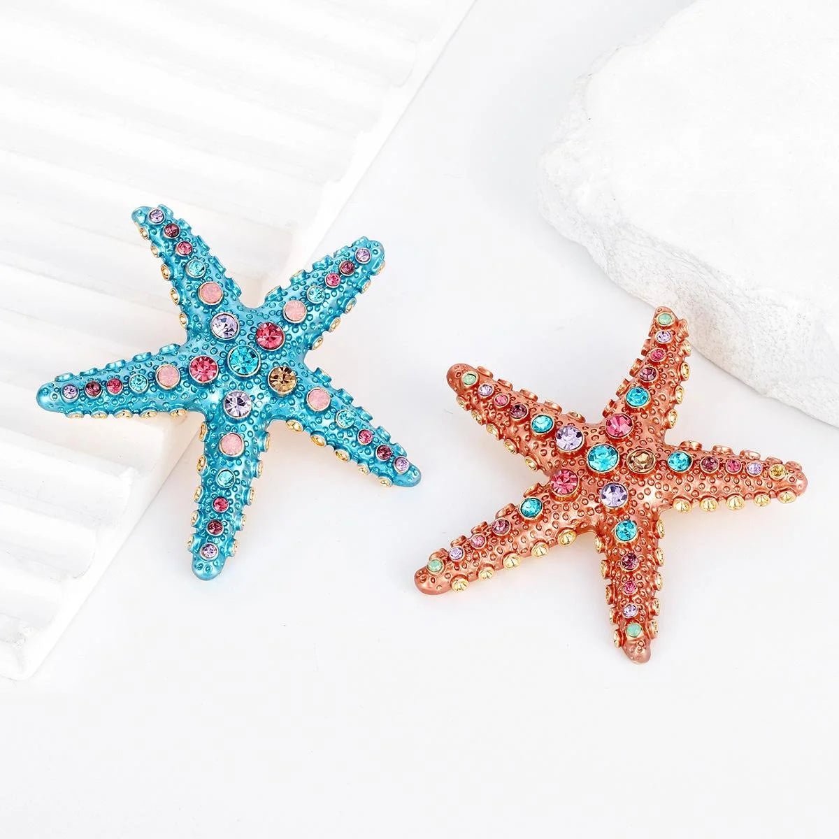 Elegant Blue Enamel Starfish Rhinestone Brooch, Luxury Ocean Lapel Pin Corsage Suit Accessory Gift