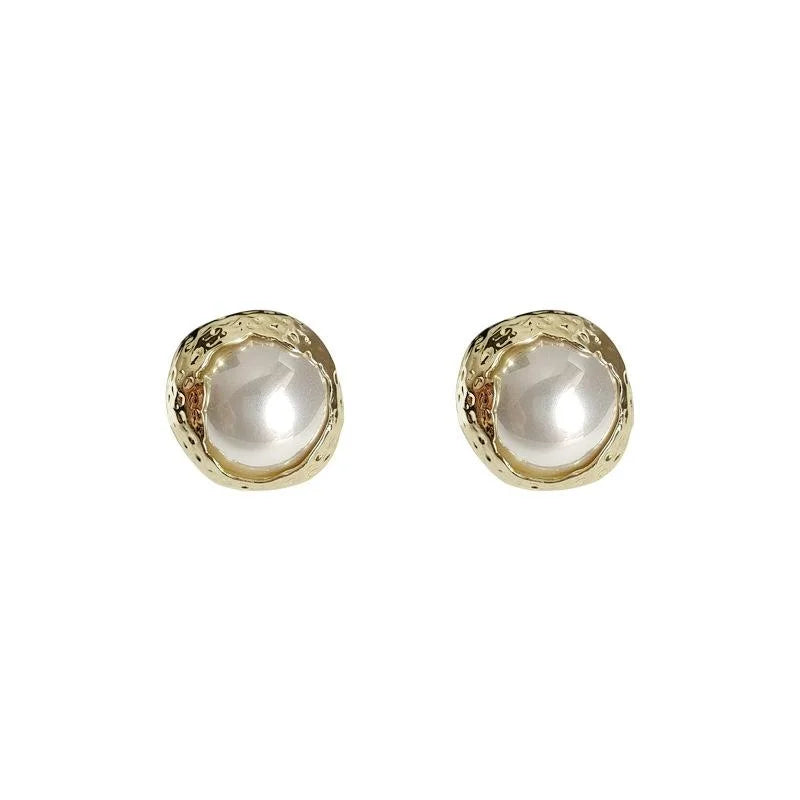 14K Gold Plated Copper Round Pearl Stud Earrings Hepburn Style Pleated Vintage Jewelry
