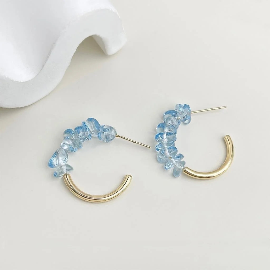 Copper Aquamarine Glass Crystal Geometric Hoop Drop Earrings, Summer Vacation Style