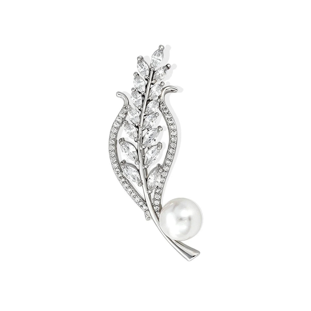 Elegant Wheat Ear Alloy Brooch With Pearl And Zircon Rhinestones, Luxury Lapel Pin Suit Corsage Gift