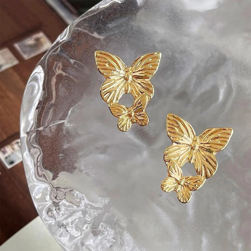 French Vintage 3D Butterfly Stud Earrings Copper Elegant Statement Jewelry