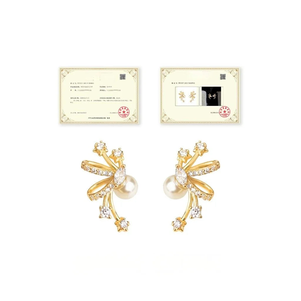 Designer Micro Pave Zircon And Pearl Bow Star Geometric Copper Stud Earrings