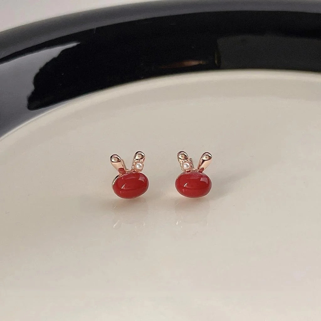 Sweet Red Rabbit Copper Stud Earrings Cute Animal Design Minimalist Everyday Jewelry