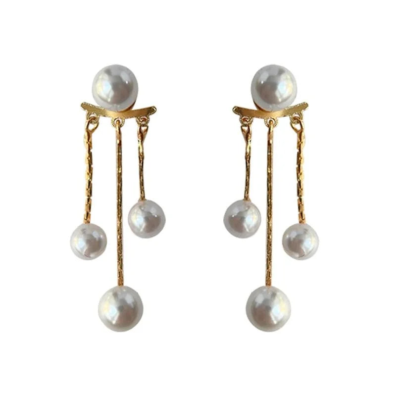 14K Plated Copper High Luster Pearl Tassel Drop Earrings Minimalist Long Geometric Style