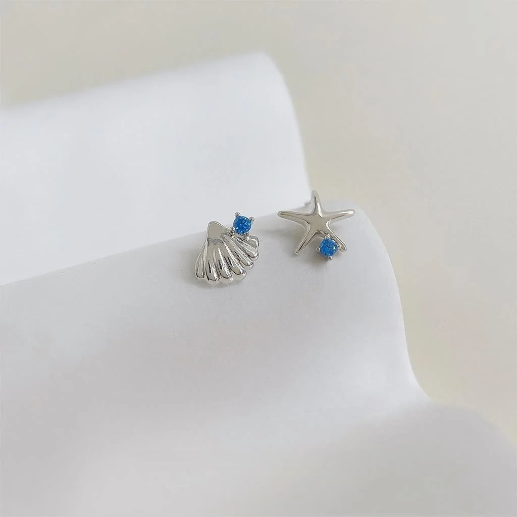 Ocean Series Asymmetric Copper Stud Earrings Micro Pave Zircon Starfish Shell Sweet Fashion Jewelry