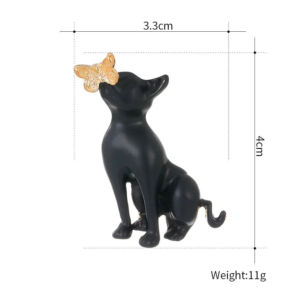 Cute Black Cat With Gold Butterfly Enamel Alloy Brooch, Animal Lapel Pin Corsage Gift For Women