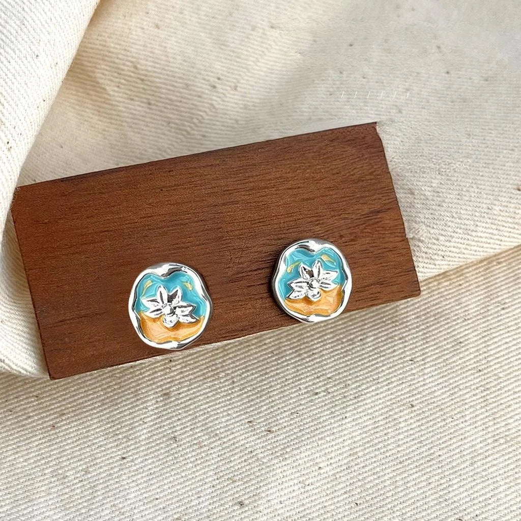 Vintage French Enamel Lotus Flower Copper Stud Earrings Irregular Geometric Jewelry