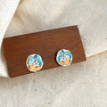 Vintage French Enamel Lotus Flower Copper Stud Earrings Irregular Geometric Jewelry