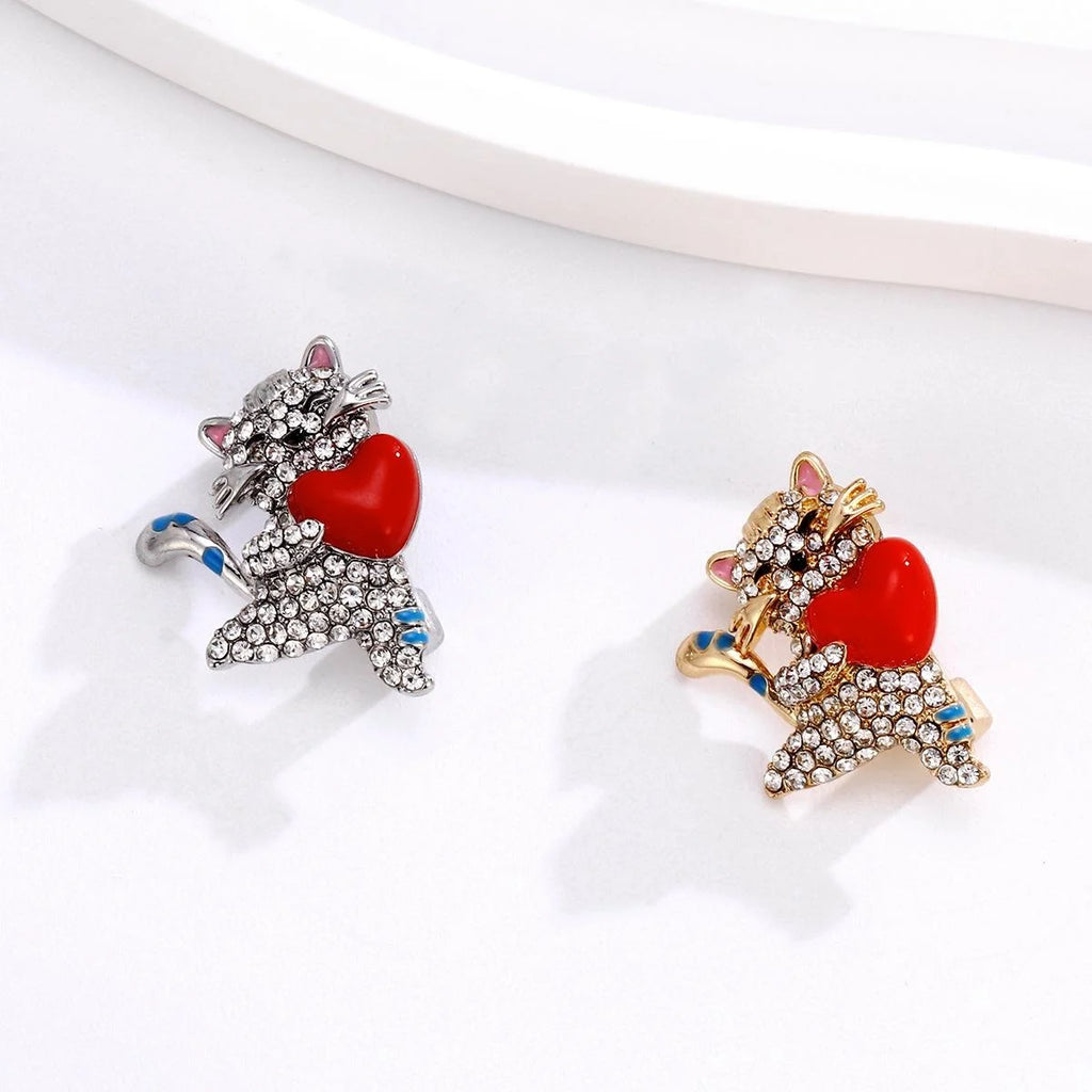 Cute Rhinestone Cat Hugging Red Heart Brooch, Gold Alloy Enamel Lapel Pin Corsage Gift For Women