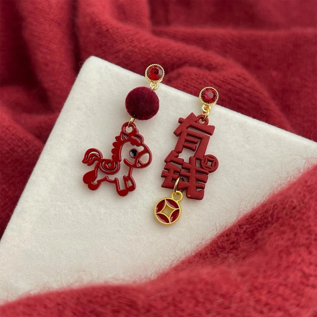 Guochao Red Horse Paper Cut Lacquer Enamel Rhinestone Drop Earrings For Women