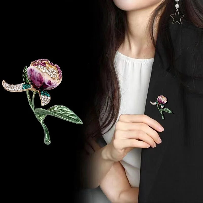Elegant Purple Enamel Tulip Flower Brooch With Rhinestone Leaves, Women's Lapel Pin Suit Accessory Gift