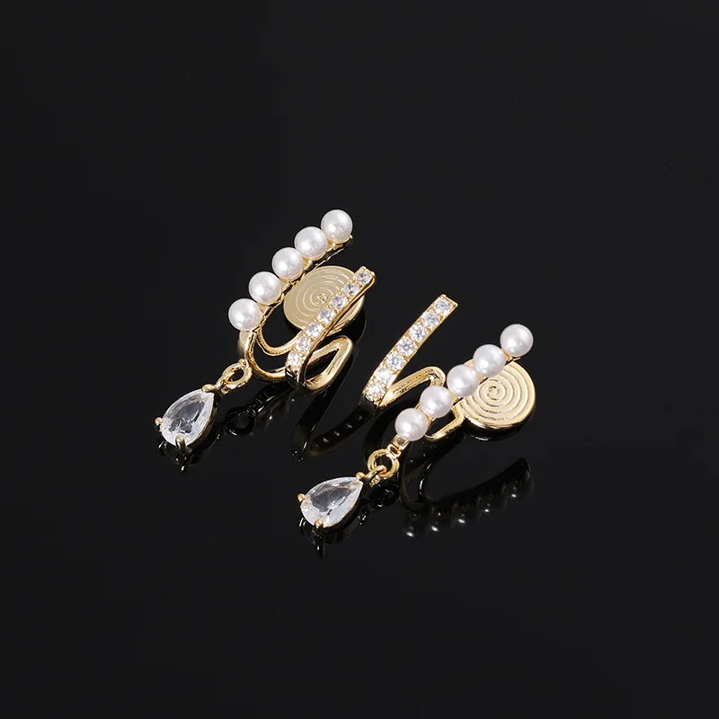 Elegant Double Pearl Spiral Disc Teardrop Crystal Alloy Stud & Clip On No Piercing Earrings