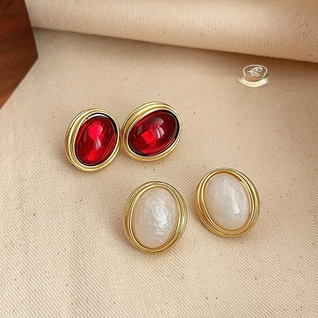 French Vintage Burgundy Oval Copper Stud Earrings 14K Gold Plated Matte Geometric Hong Kong Style