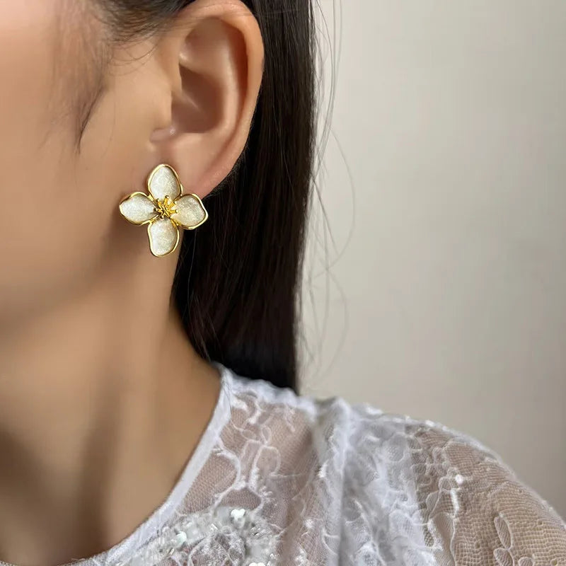 Elegant French Gold Tone Floral Enamel Alloy Stud & Clip On No Piercing Sweet Blossom Jewelry Earrings