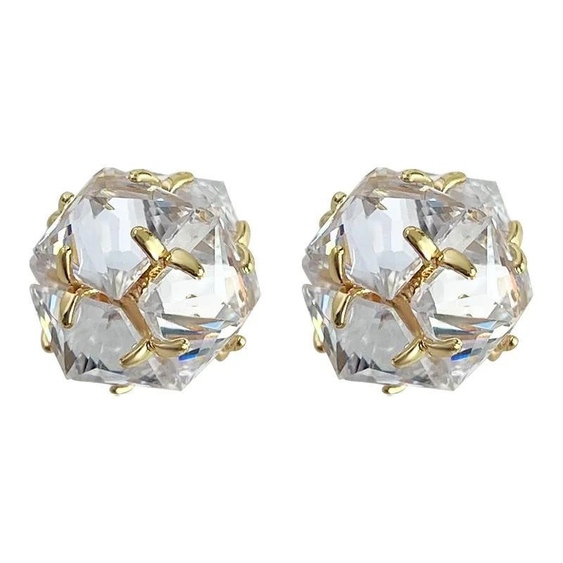 14K Plated Copper Round Geometric Zircon Stud Earrings Light Luxury Style