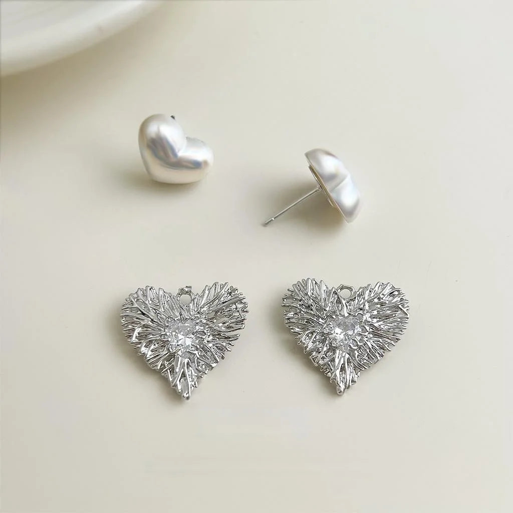 Two Way Minimalist Heart Stud Earrings Silver Plated Copper Micro Pave Zircon Pearl Jewelry