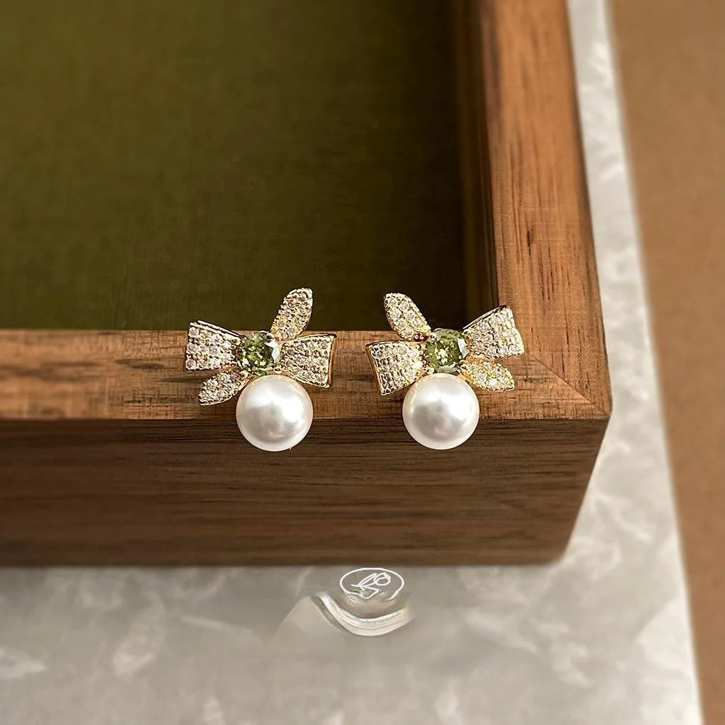 14K Plated Copper Bow Pearl Stud Earrings With Micro Pave Zircon, Sweet Fashion Jewelry