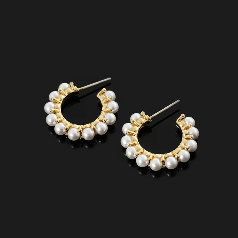 Luxury Vintage Pearl Hoop Circle Stud & Clip On No Piercing Gold Alloy French Round Earrings