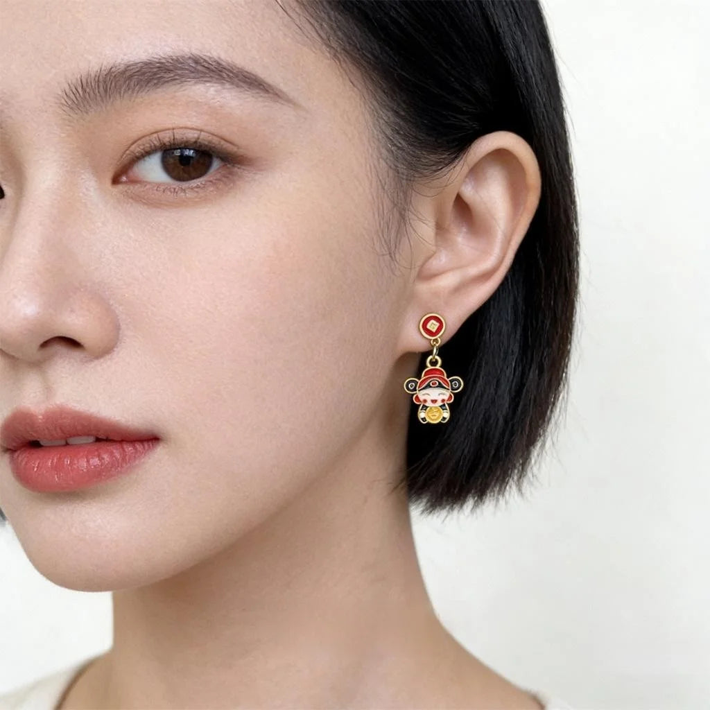 Asymmetric Hand Painted Enamel Copper God Of Wealth Doll Drop Earrings Chinese Ethnic Style