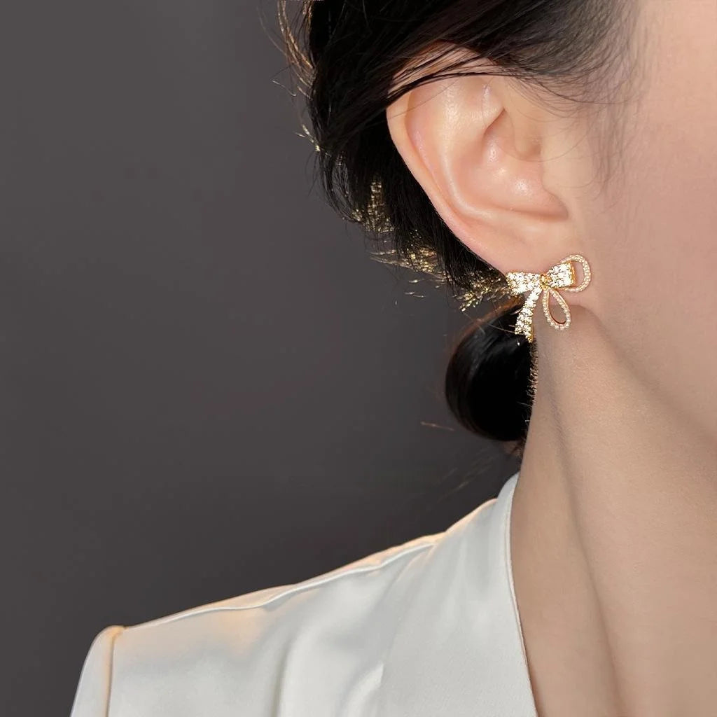 14K Electroplated Copper Bow Stud Earrings With Zircon Micro Pave Light Luxury