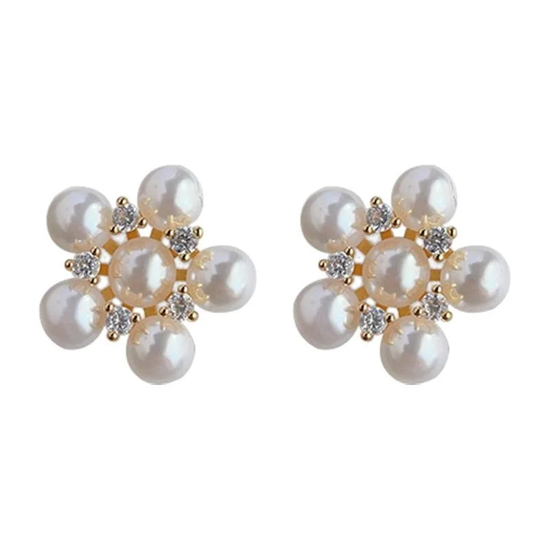 French Vintage Micro Pave Zircon Pearl Flower Stud Earrings Copper Sunflower Hepburn Style