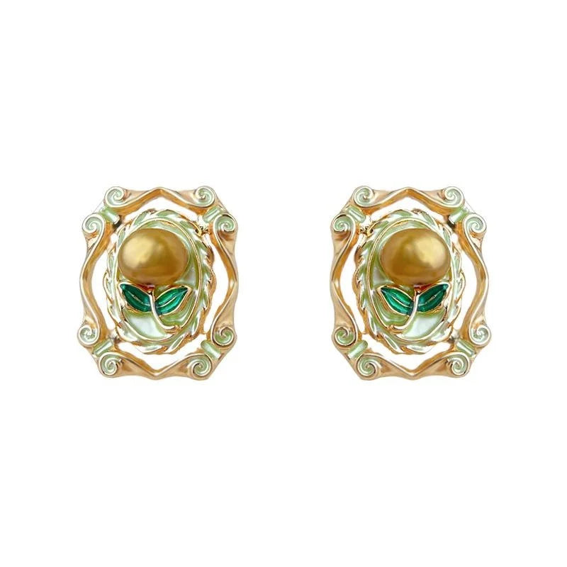 Vintage French Freshwater Pearl Floral Geometric 14K Plated Copper Stud Earrings