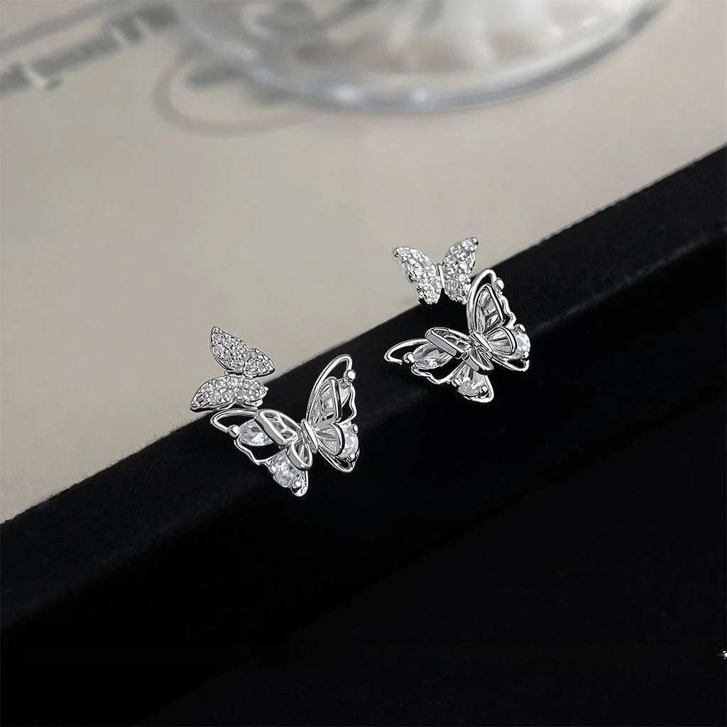 Copper Micro Pave Zircon Double Butterfly Stud Earrings Sweet Minimalist Silver Plated Pin