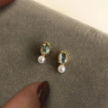 14K Gold Plated Copper Mini Pearl Stud Earrings With Aquamarine Zircon Geometric Minimalist Design