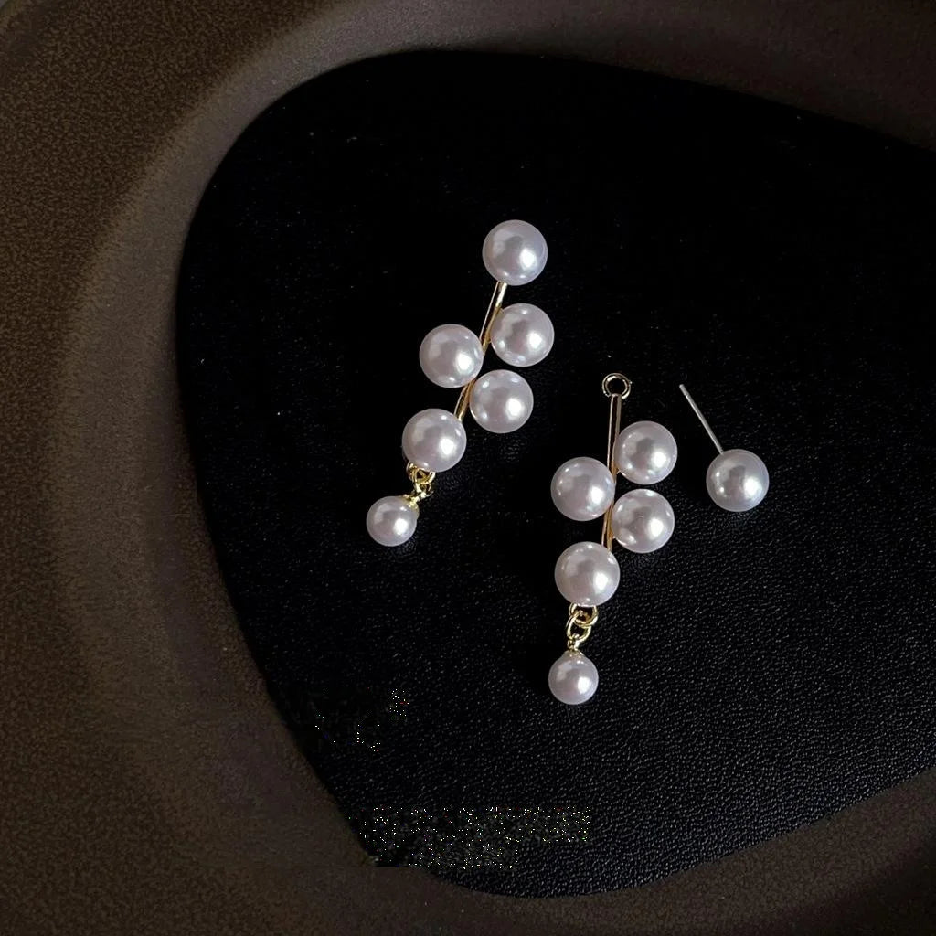 French Vintage High Gloss Pearl Tassel Stud Earrings, Two-Way Long Grape Cluster Design