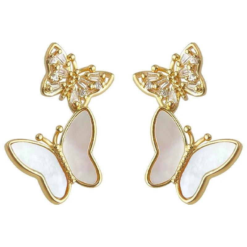 14K Gold Plated Butterfly Stud Earrings Real Shell Micro Pave Zircon Copper Jewelry