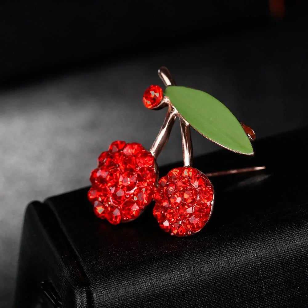 Cute Red Enamel Cherry Rhinestone Brooch For Women, Fashion Alloy Lapel Pin Corsage Gift Accessory