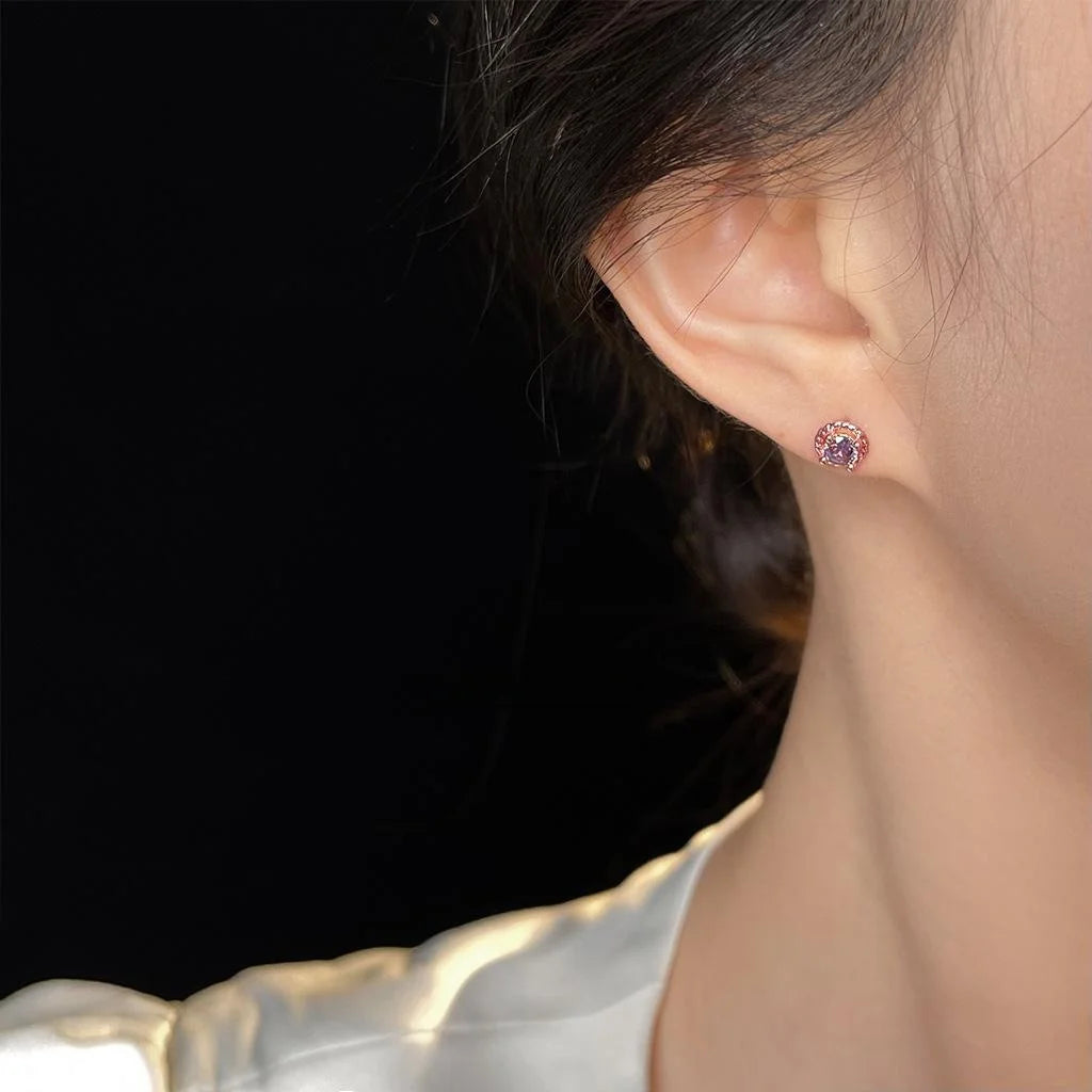 Mini Micro Pave Purple Zircon Round Geometric Rose Gold Plated Copper Stud Earrings