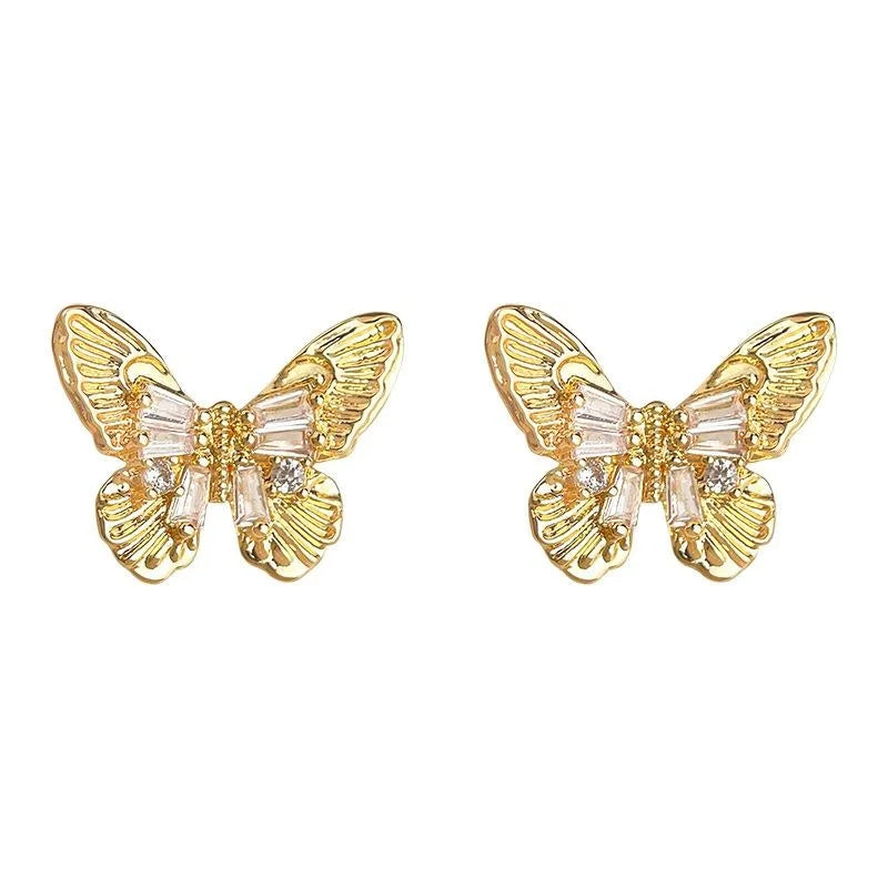 French Vintage Micro Pave Zircon Butterfly Drop Earrings Textured Elegant Jewelry
