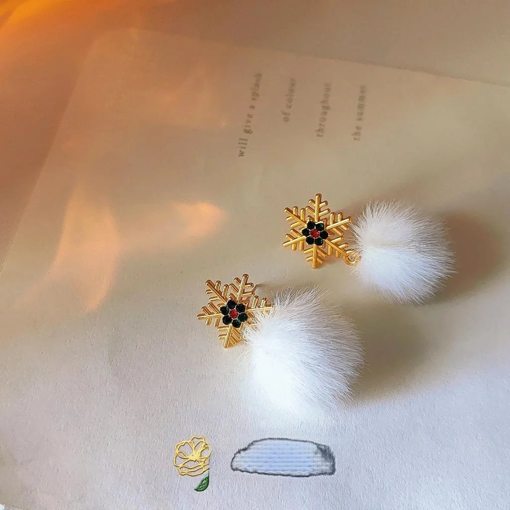 Christmas Snowflake Pom Pom Stud Earrings Silver Plated Needle Trendy Women's Ear Jewelry