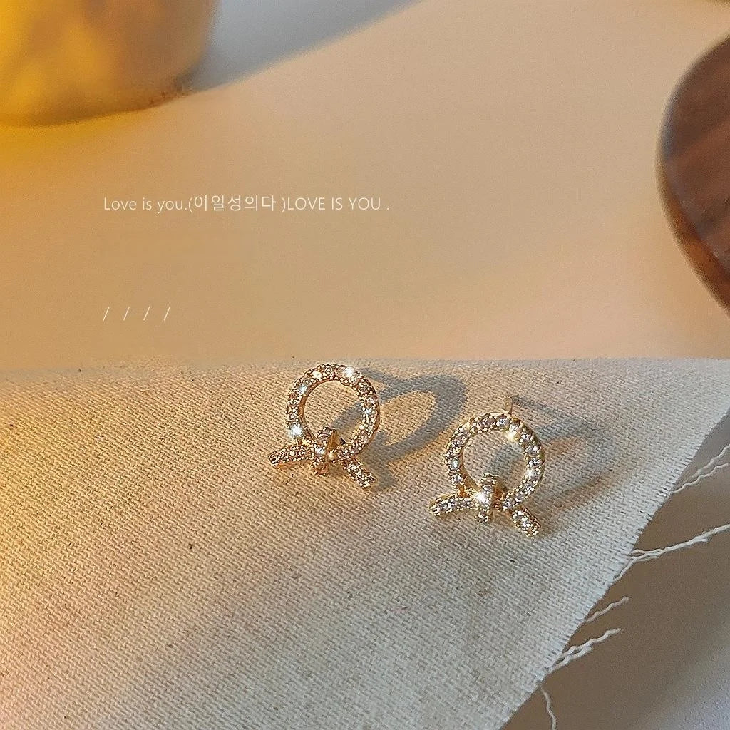 14K Plated Copper Rope Knot Geometric Zircon Stud Earrings, Mini Minimalist Korean Style