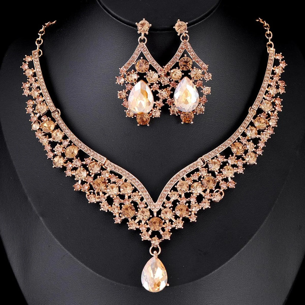 Luxury Bridal Rhinestone Crystal Necklace And Earrings Jewelry Set For Wedding Party Banquet Gift
