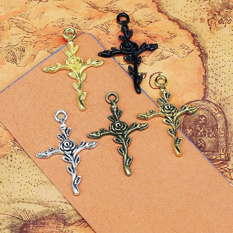 35x24MM Zinc Alloy Rose Cross Charm Pendant for DIY Necklace Bracelet Jewelry Making