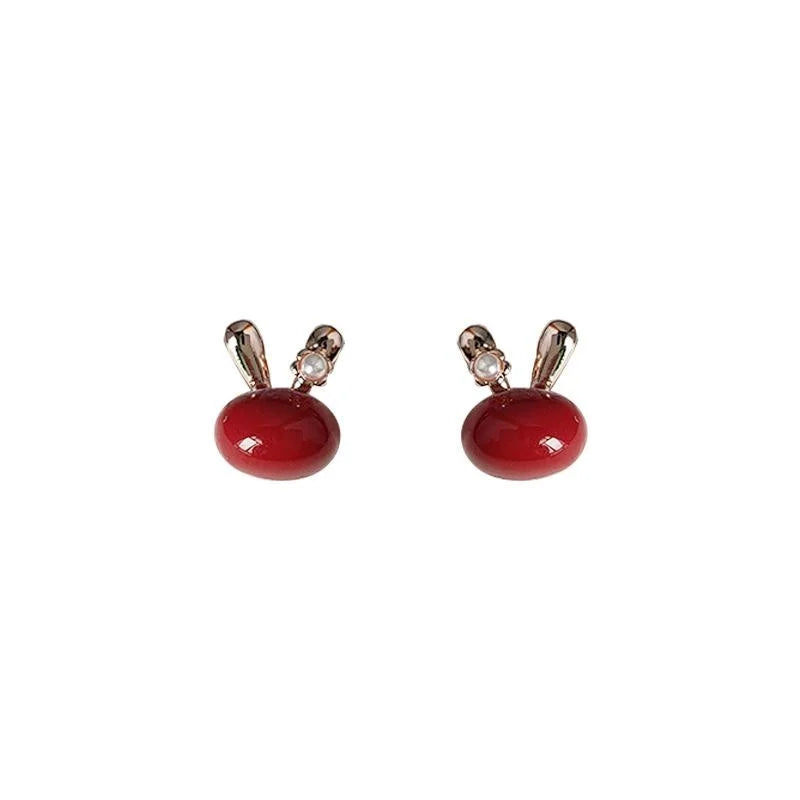 Sweet Red Rabbit Copper Stud Earrings Cute Animal Design Minimalist Everyday Jewelry