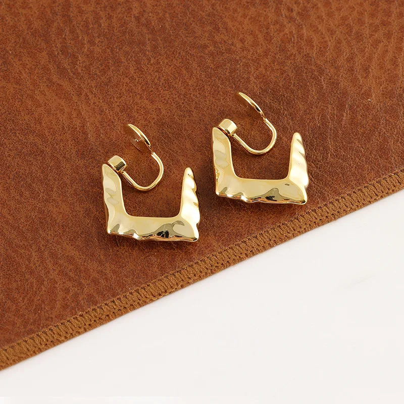 Elegant Gold Alloy Hammered Geometric Square Hoop Stud & Clip On No Piercing Minimalist Earrings
