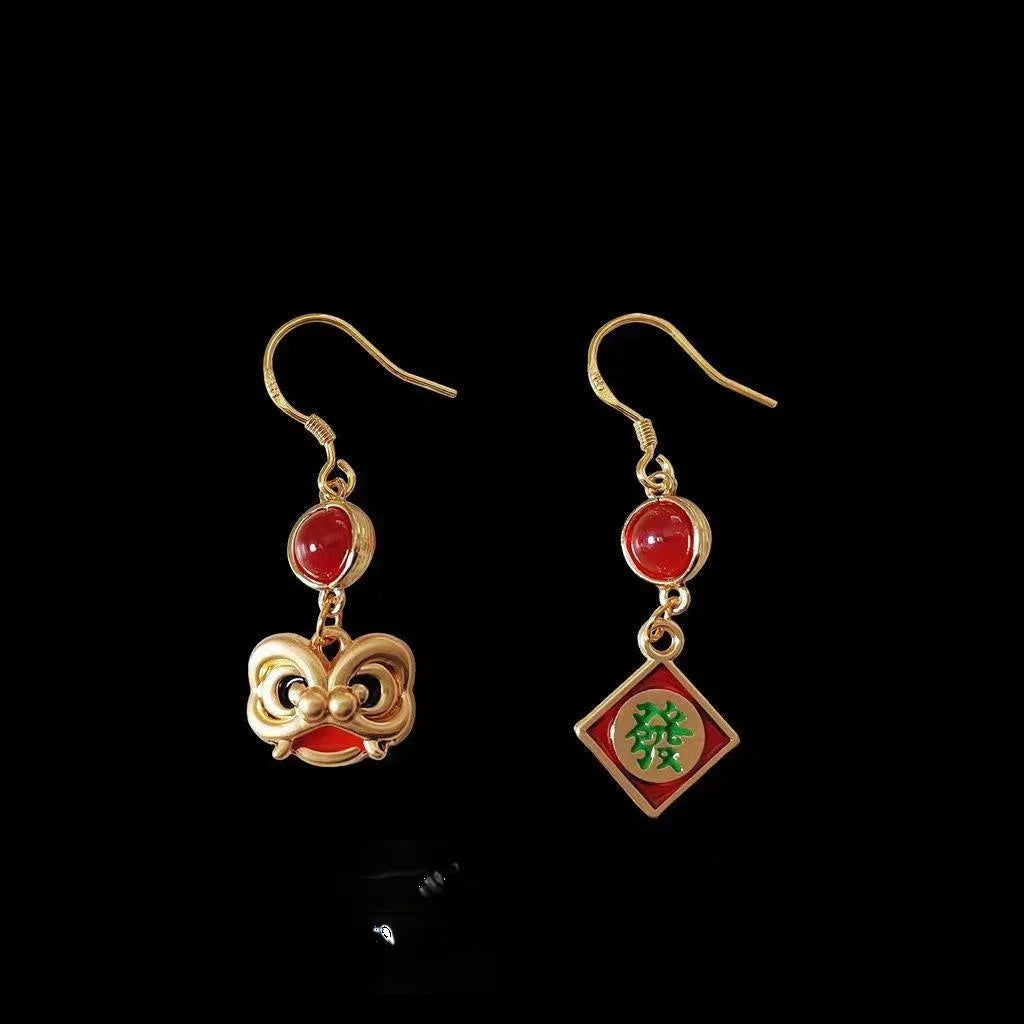 Chinese New Year Lion Dance Asymmetric 14K Plated Copper Drop Earrings