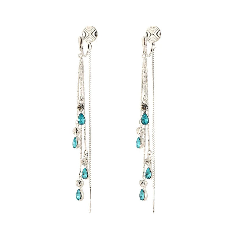 Elegant Blue Crystal Water Drop Long Tassel Threader Stud & Clip On No Piercing Alloy Earrings