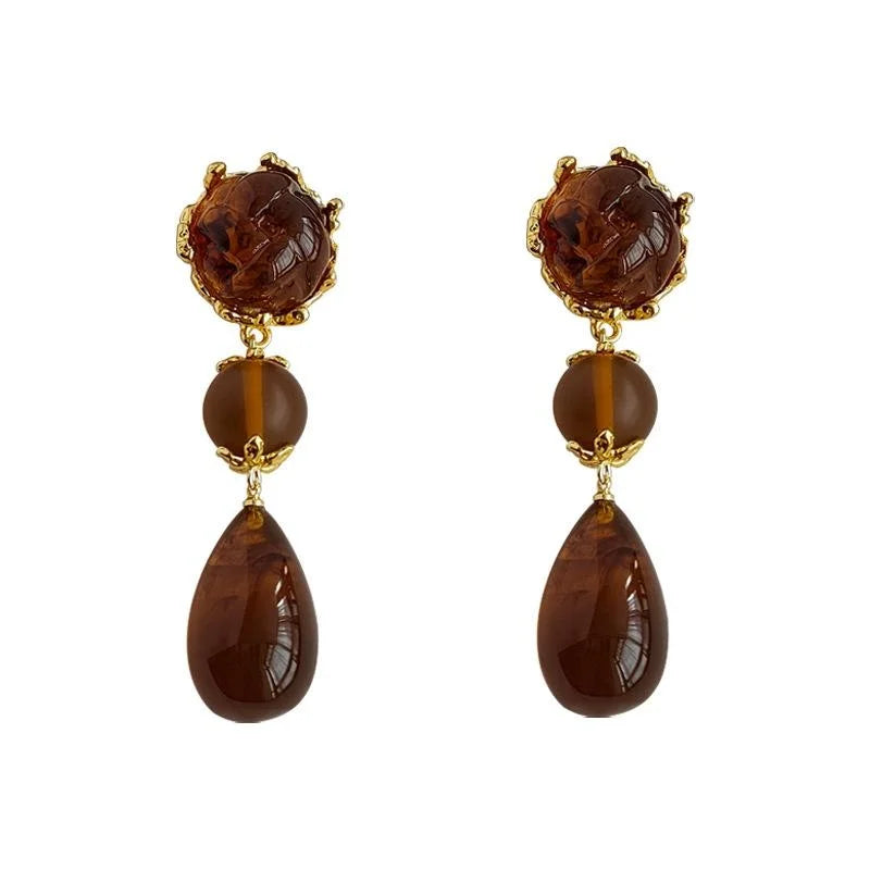 Vintage Amber Resin 3D Rose Tassel Drop Earrings, Handmade Court Style Statement Jewelry