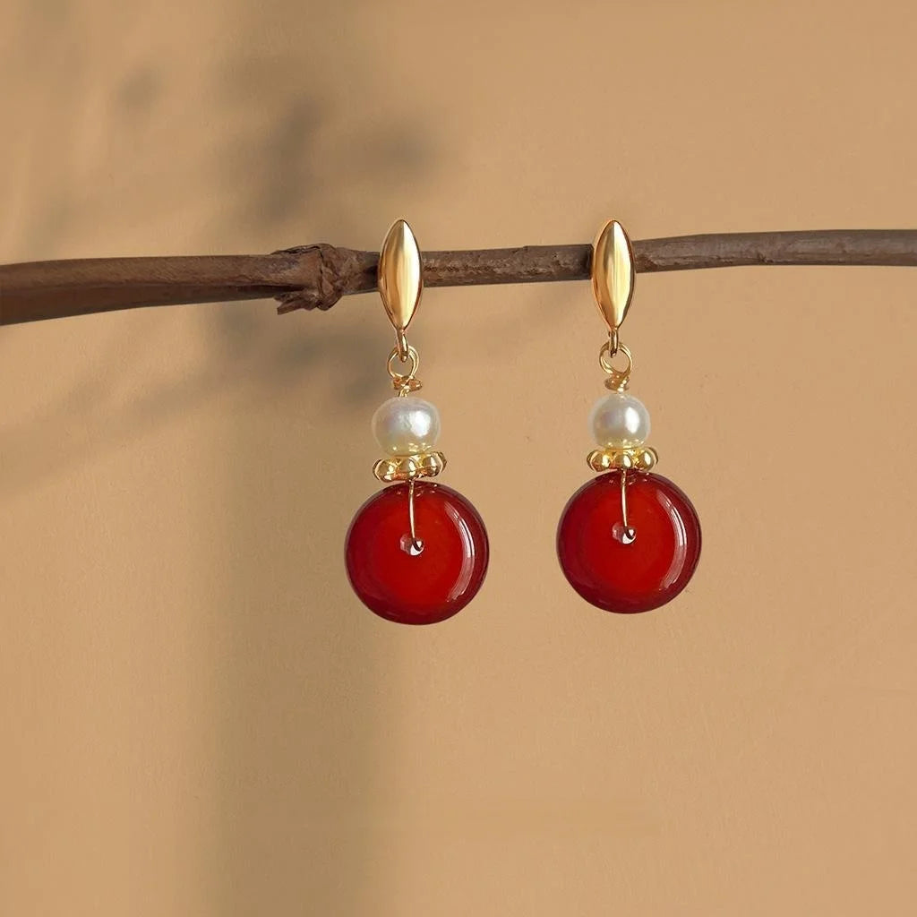 Natural Freshwater Pearl Red Agate Geometric Round Palace Style Drop Earrings